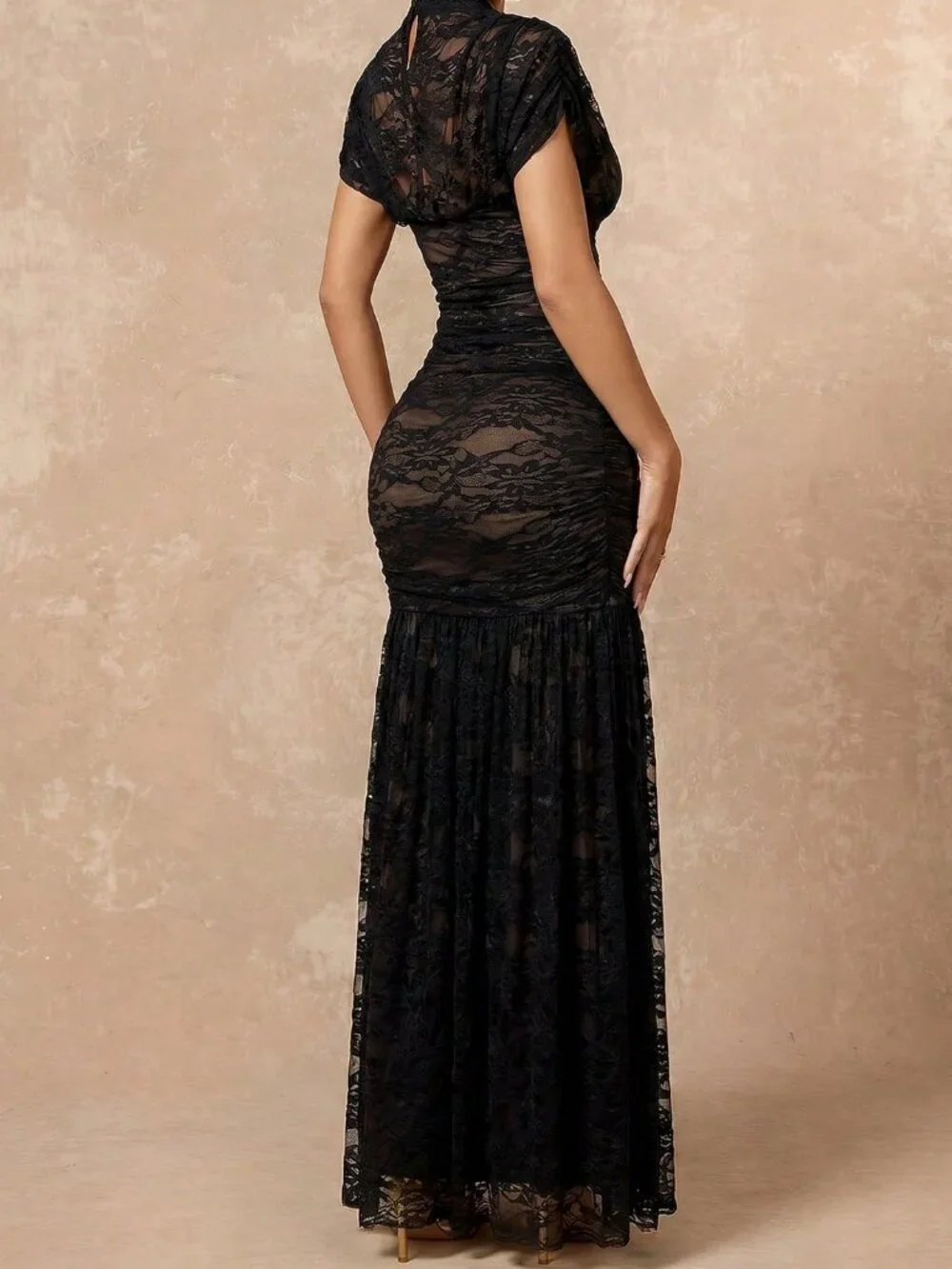 Black Elegant Women's Contrast Lace Stand Collar High Waist Bodycon Dress_2